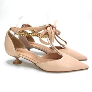 Burberry Welton Nude Leather Chainlink T-Strap Kitten Heel Pumps 36.5